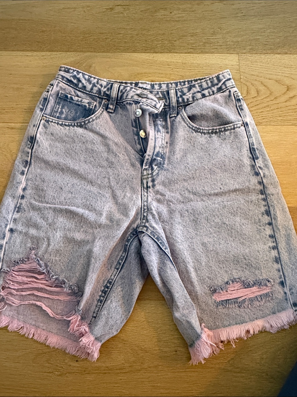 wild fable Gray Acid-Wash Denim Shorts with Pink Fringe